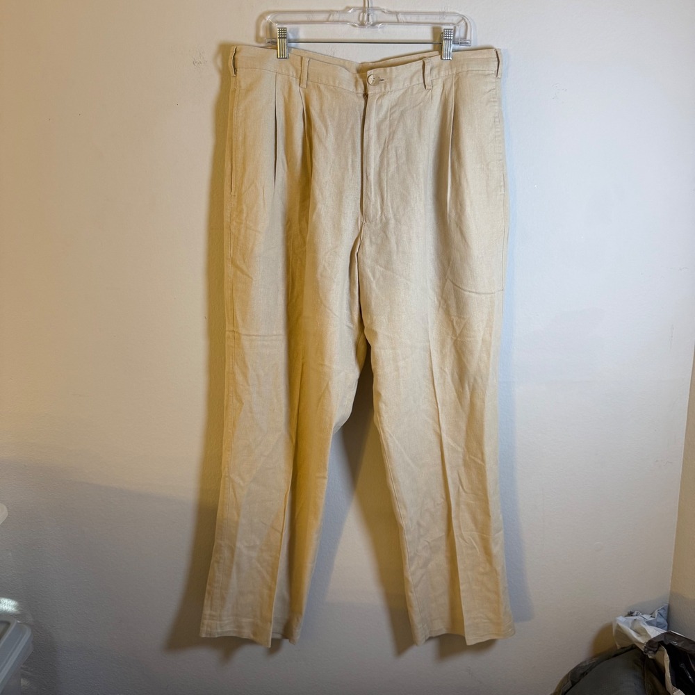 Trust USA Mens Linen Blend Pleated Trousers Beige Straight Leg Pants 38x32